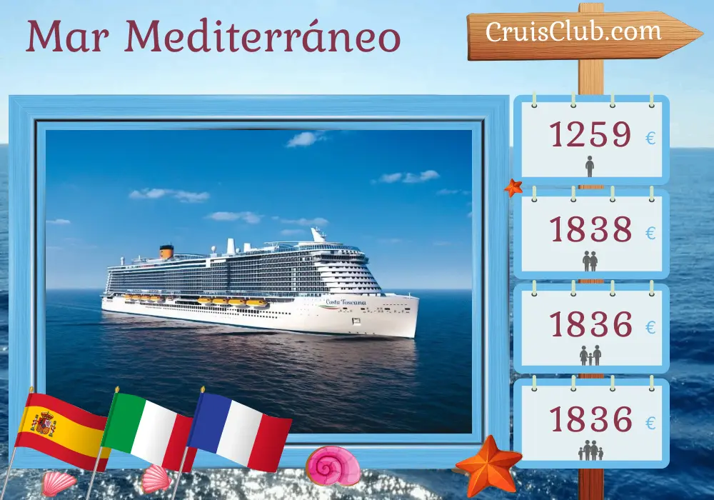 Crucero por el Mediterráneo desde Barcelona a bordo del barco Costa Toscana con visitas a España, Túnez, Italia y Francia durante 8 días