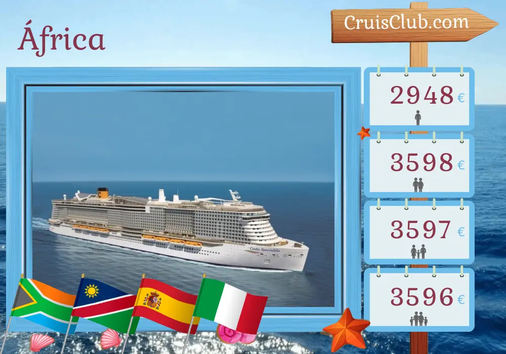 Cruzeiro na África de Cape Town a Gênova a bordo do navio Costa Smeralda com visitas à África do Sul, Namíbia, Espanha, Marrocos e Itália por 20 dias