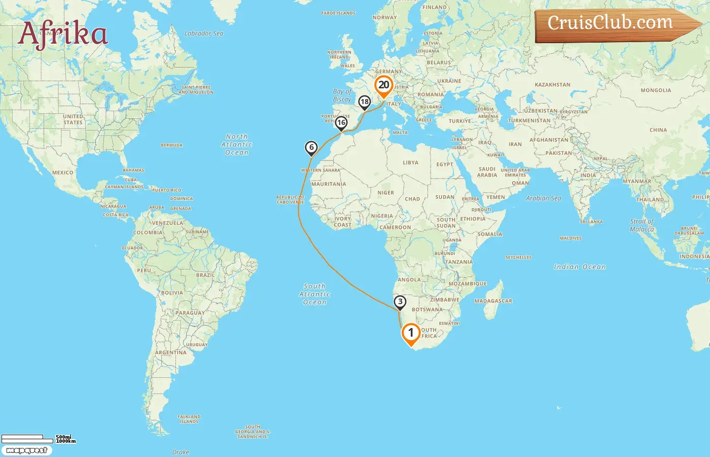 Kreuzfahrt in Afrika von Kapstadt nach Genua an Bord des Costa-Smeralda-Schiffs mit Stopps in Südafrika, Namibia, Spanien, Marokko und Italien für 20 Tage