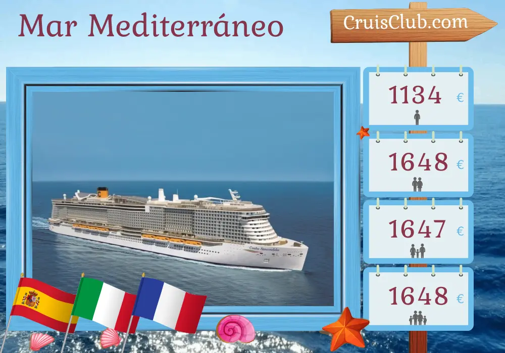Crucero por el Mediterráneo desde Santa Cruz de Tenerife a Marsella a bordo del barco Costa Smeralda con visitas a España, Marruecos, Italia y Francia durante 7 días
