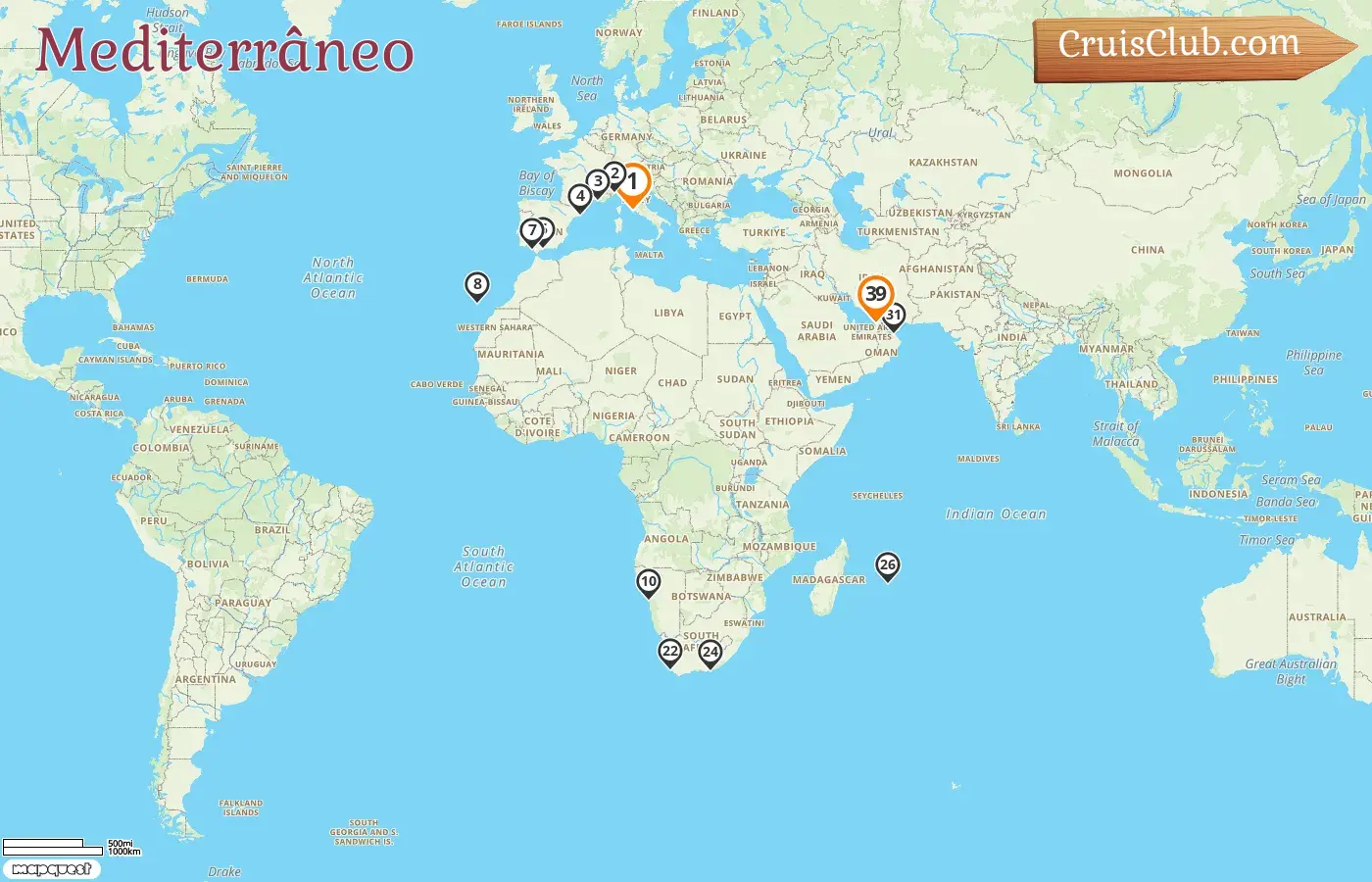 Cruzeiro pelo Mediterrâneo de Civitavecchia a Dubai a bordo do navio Costa Smeralda com visitas à Itália, França, Espanha, Namíbia, África do Sul, Maurício, Omã e Emirados Árabes Unidos por 39 dias
