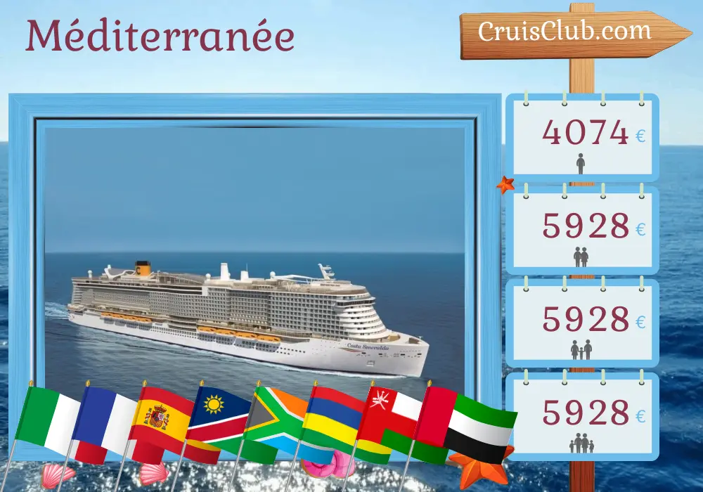 Croisière en Méditerranée de Civitavecchia à Dubaï à bord du navire Costa Smeralda avec visites en Italie, en France, en Espagne, en Namibie, en Afrique du Sud, à l`île Maurice, au Sultanat d`Oman et aux Émirats arabes unis pendant 39 jours