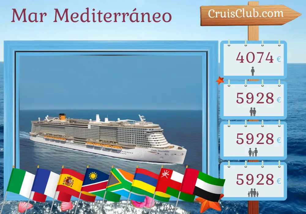 Crucero en el Mediterráneo de Civitavecchia a Dubái a bordo del barco Costa Smeralda con visitas a Italia, Francia, España, Namibia, Sudáfrica, Mauricio, Omán y Emiratos Árabes Unidos durante 39 días