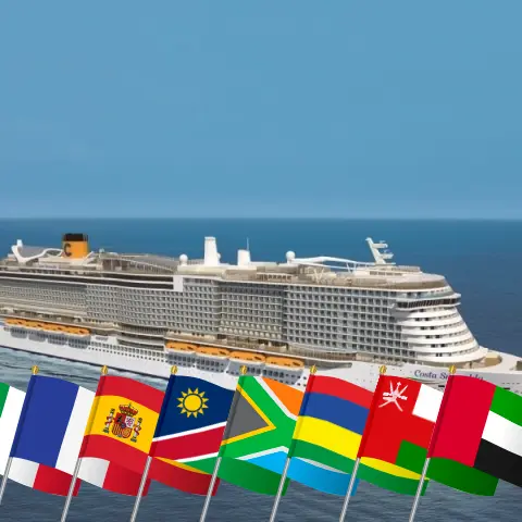 Круиз по Средиземноморью из Чивитавеккии в Дубай на борту судна Costa Smeralda с посещениями Италии, Франции, Испании, Намибии, Южной Африки, Маврикия, Омана и Объединенных Арабских Эмиратов на 39 дней