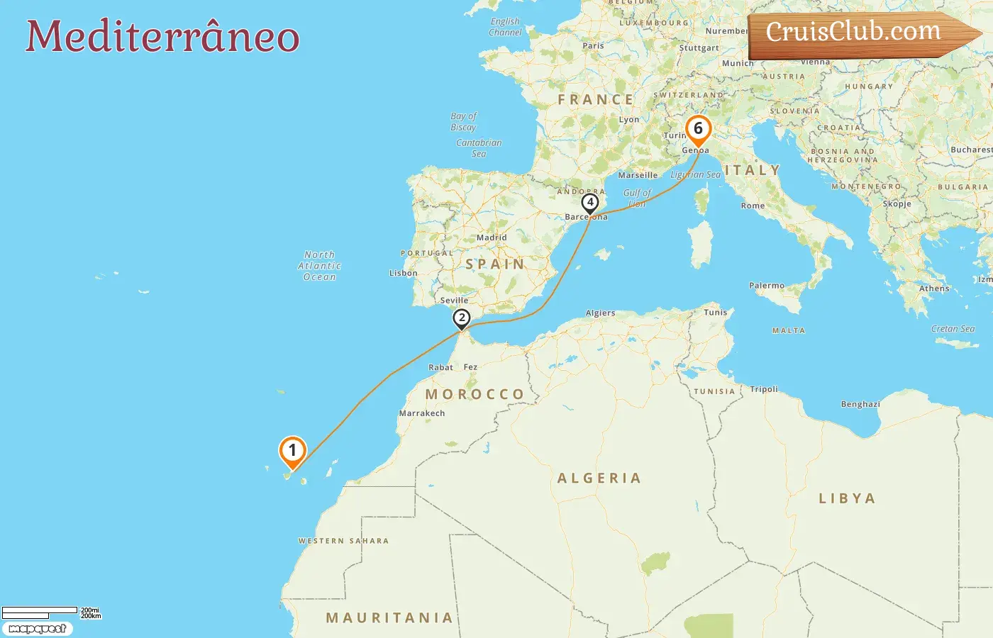Cruzeiro no Mediterrâneo de Santa Cruz de Tenerife a Gênova a bordo do navio Costa Smeralda com visitas à Espanha, Marrocos e Itália por 6 dias