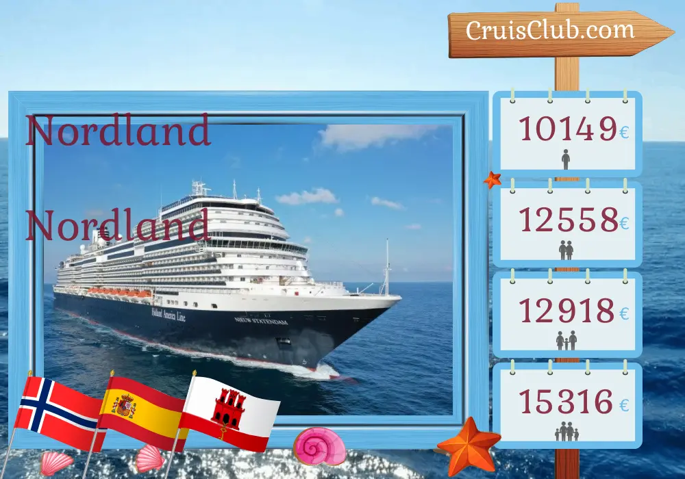 Cruzeiro no Norte partindo de Roterdã a bordo do navio Nieuw Statendam com visitas à Noruega, Espanha e Gibraltar por 30 dias