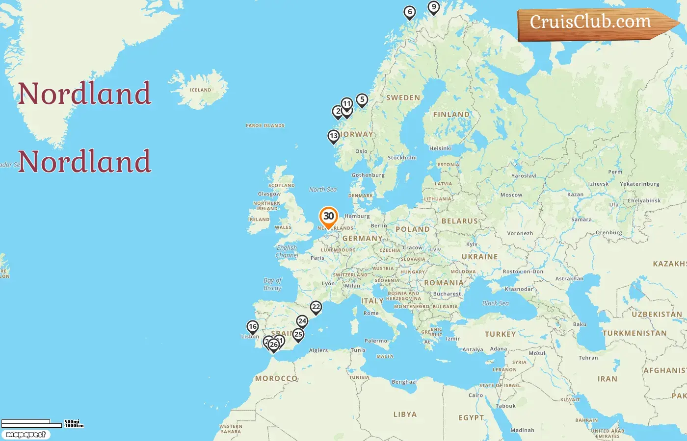 Cruzeiro no Norte partindo de Roterdã a bordo do navio Nieuw Statendam com visitas à Noruega, Espanha e Gibraltar por 30 dias