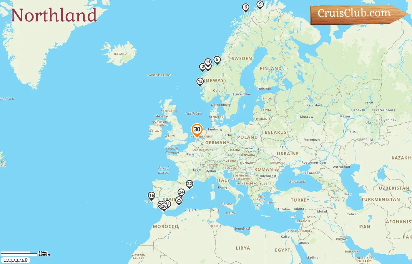 Cruise in the Northland from Rotterdam aboard Nieuw Statendam ship with visits to Norway, Spain, and Gibraltar for 30 days