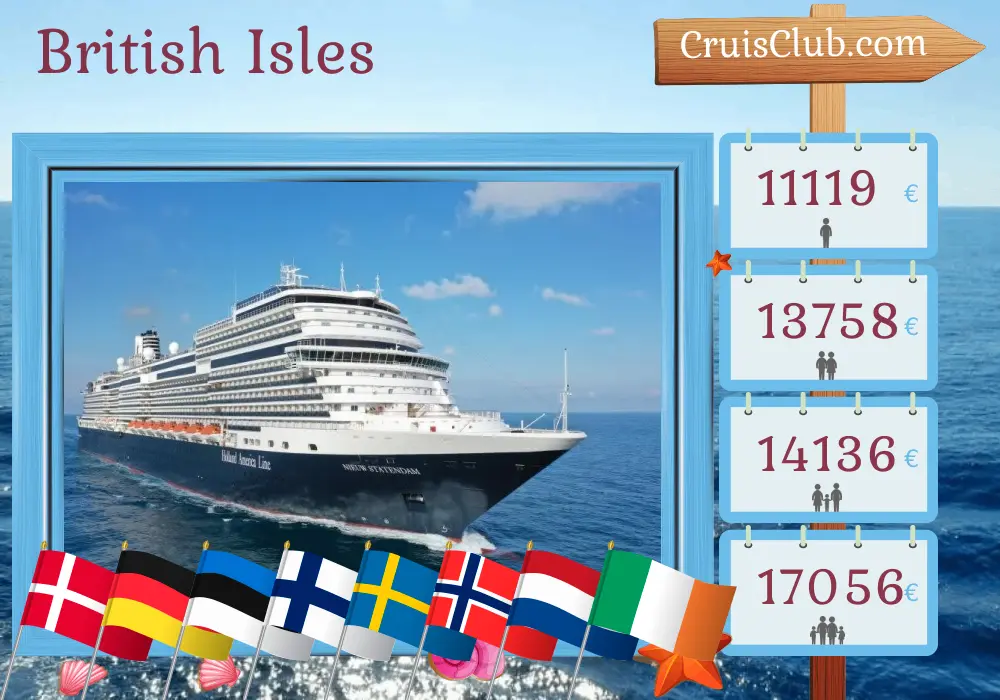 Cruise in the British Isles from Rotterdam aboard Nieuw Statendam ship with visits to Denmark, Germany, Estonia, Finland, Sweden, Norway, Netherlands, and Ireland for 29 days