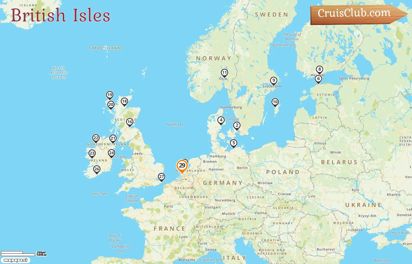 Cruise in the British Isles from Rotterdam aboard Nieuw Statendam ship with visits to Denmark, Germany, Estonia, Finland, Sweden, Norway, Netherlands, and Ireland for 29 days