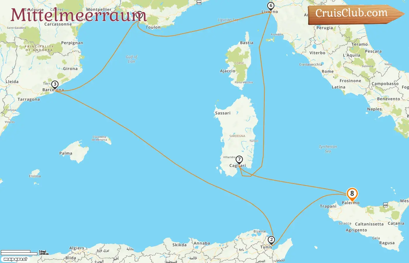 Kreuzfahrt im Mittelmeer ab Palermo an Bord des MSC Splendida Schiffes mit Besuchen in Italien, Tunesien, Spanien und Frankreich für 8 Tage
