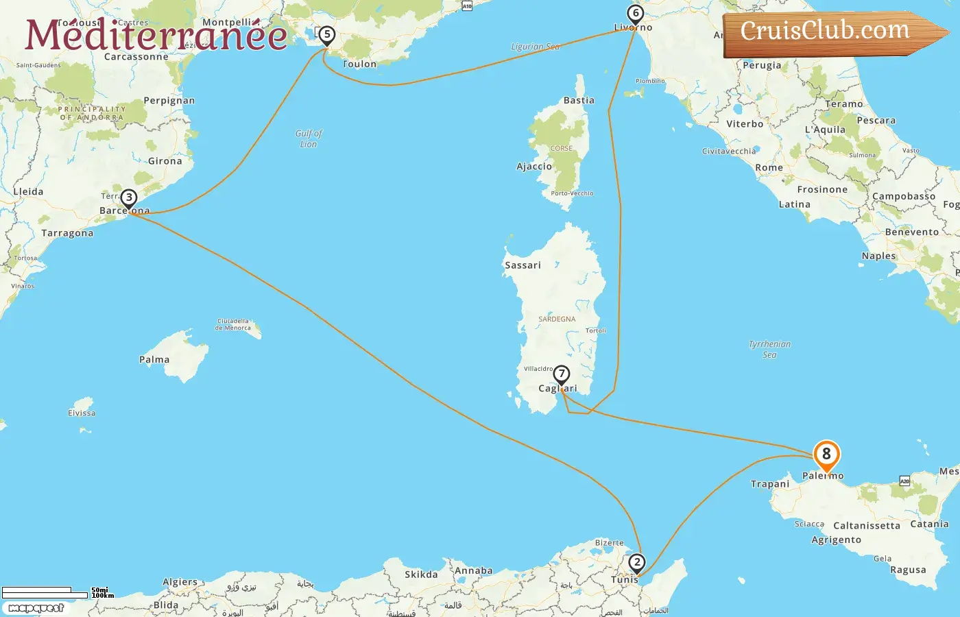 Croisière en Méditerranée au départ de Palerme à bord du navire MSC Splendida avec des visites en Italie, en Tunisie, en Espagne et en France pendant 8 jours
