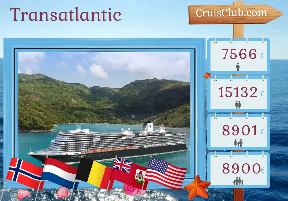 Cruise in the Transatlantic from Rotterdam to Fort Lauderdale aboard Rotterdam ship with visits to Norway, Netherlands, Belgium, Bermuda, and USA for 28 days