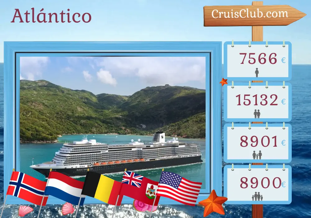 Crucero en el Transatlántico de Róterdam a Fort Lauderdale a bordo del barco Róterdam con visitas a Noruega, Países Bajos, Bélgica, Bermudas y EE. UU. durante 28 días