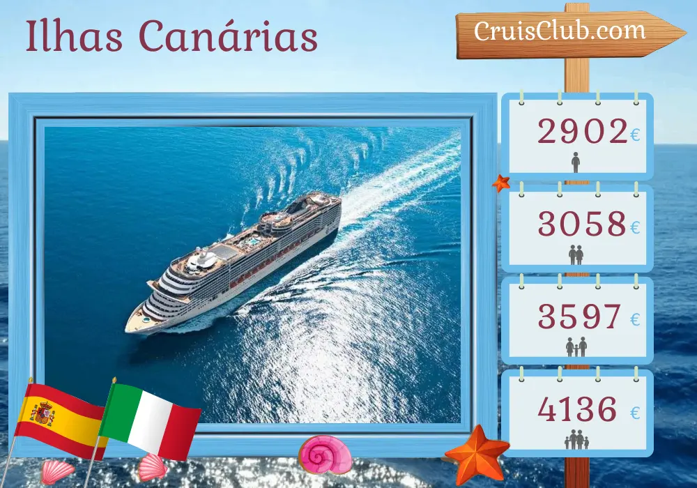 Cruzeiro nas Ilhas Canárias de Funchal a Civitavecchia a bordo do navio MSC Fantasia com visitas à Espanha, Marrocos e Itália por 14 dias
