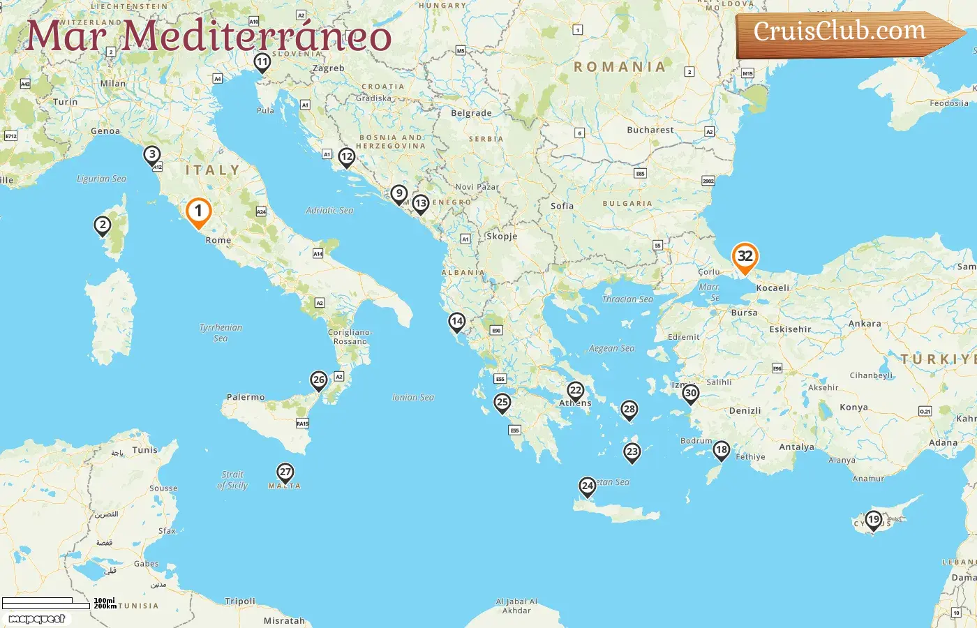 Crucero en el Mediterráneo de Civitavecchia a Estambul a bordo del barco Enchanted Princess con visitas a Italia, Francia, Malta, Montenegro, Croacia, Grecia, Chipre y Turquía durante 32 días