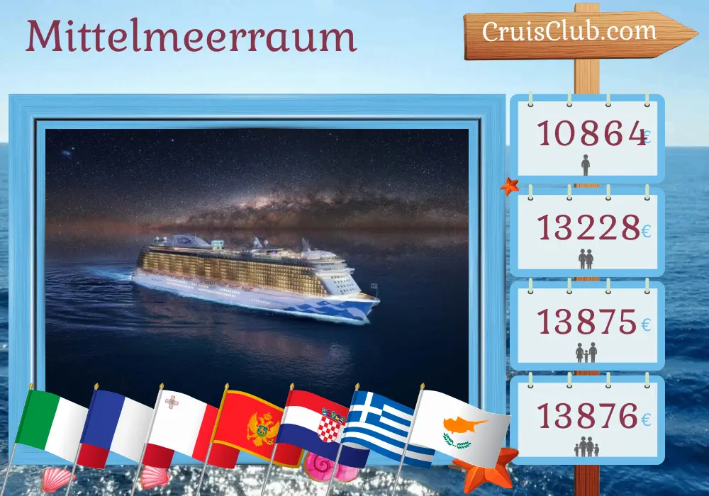 Kreuzfahrt im Mittelmeer von Civitavecchia nach Istanbul an Bord des Schiffes Enchanted Princess mit Besuchen in Italien, Frankreich, Malta, Montenegro, Kroatien, Griechenland, Zypern und der Türkei für 32 Tage