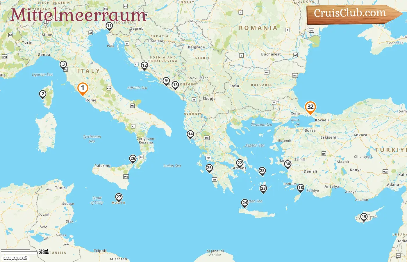 Kreuzfahrt im Mittelmeer von Civitavecchia nach Istanbul an Bord des Schiffes Enchanted Princess mit Besuchen in Italien, Frankreich, Malta, Montenegro, Kroatien, Griechenland, Zypern und der Türkei für 32 Tage