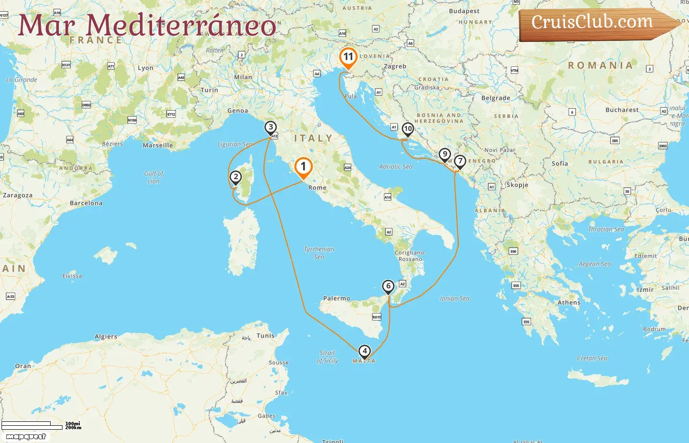 Crucero en el Mediterráneo de Civitavecchia a Trieste a bordo del barco Enchanted Princess con visitas a Italia, Francia, Malta, Montenegro y Croacia durante 11 días