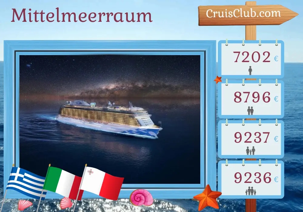 Kreuzfahrt im Mittelmeer von Piräus nach Civitavecchia an Bord des Schiffs Enchanted Princess mit Besuchen in Griechenland, Italien, Malta und der Türkei für 22 Tage