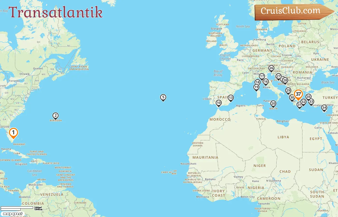 Kreuzfahrt im Transatlantik von Fort Lauderdale nach Piräus an Bord des Schiffes Enchanted Princess mit Besuchen in den USA, Bermuda, Portugal, Gibraltar, Spanien, Frankreich, Italien, Malta, Montenegro, Kroatien, Griechenland, Zypern und der Türkei für 37 Tage