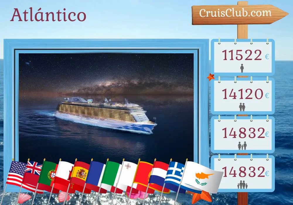 Crucero en el Transatlántico de Fort Lauderdale a El Pireo a bordo del barco Enchanted Princess con visitas a EE. UU., Bermudas, Portugal, Gibraltar, España, Francia, Italia, Malta, Montenegro, Croacia, Grecia, Chipre y Turquía durante 37 días
