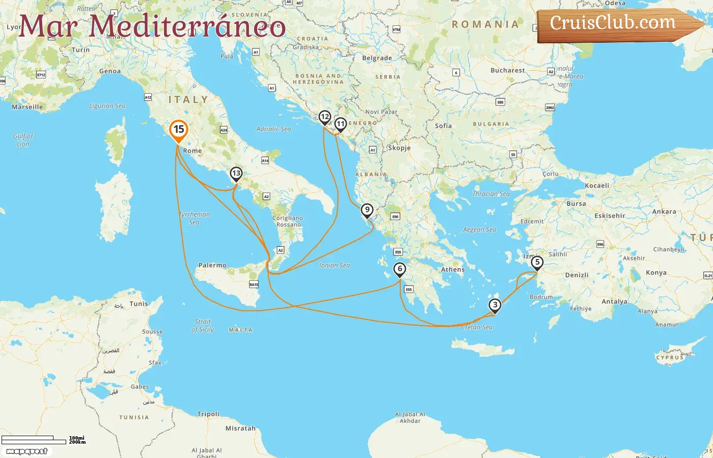 Crucero por el Mediterráneo desde Civitavecchia a bordo del barco Enchanted Princess con visitas a Italia, Grecia, Turquía, Montenegro y Croacia durante 15 días