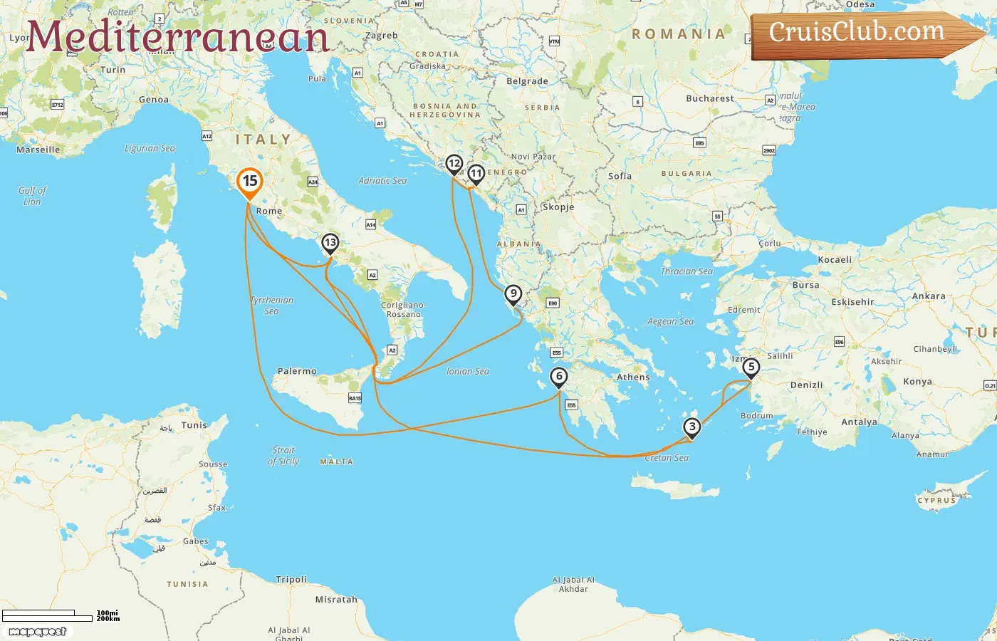 Cruise in the Mediterranean from Civitavecchia aboard Enchanted Princess ship with visits to Italy, Greece, Turkey, Montenegro, and Croatia for 15 days