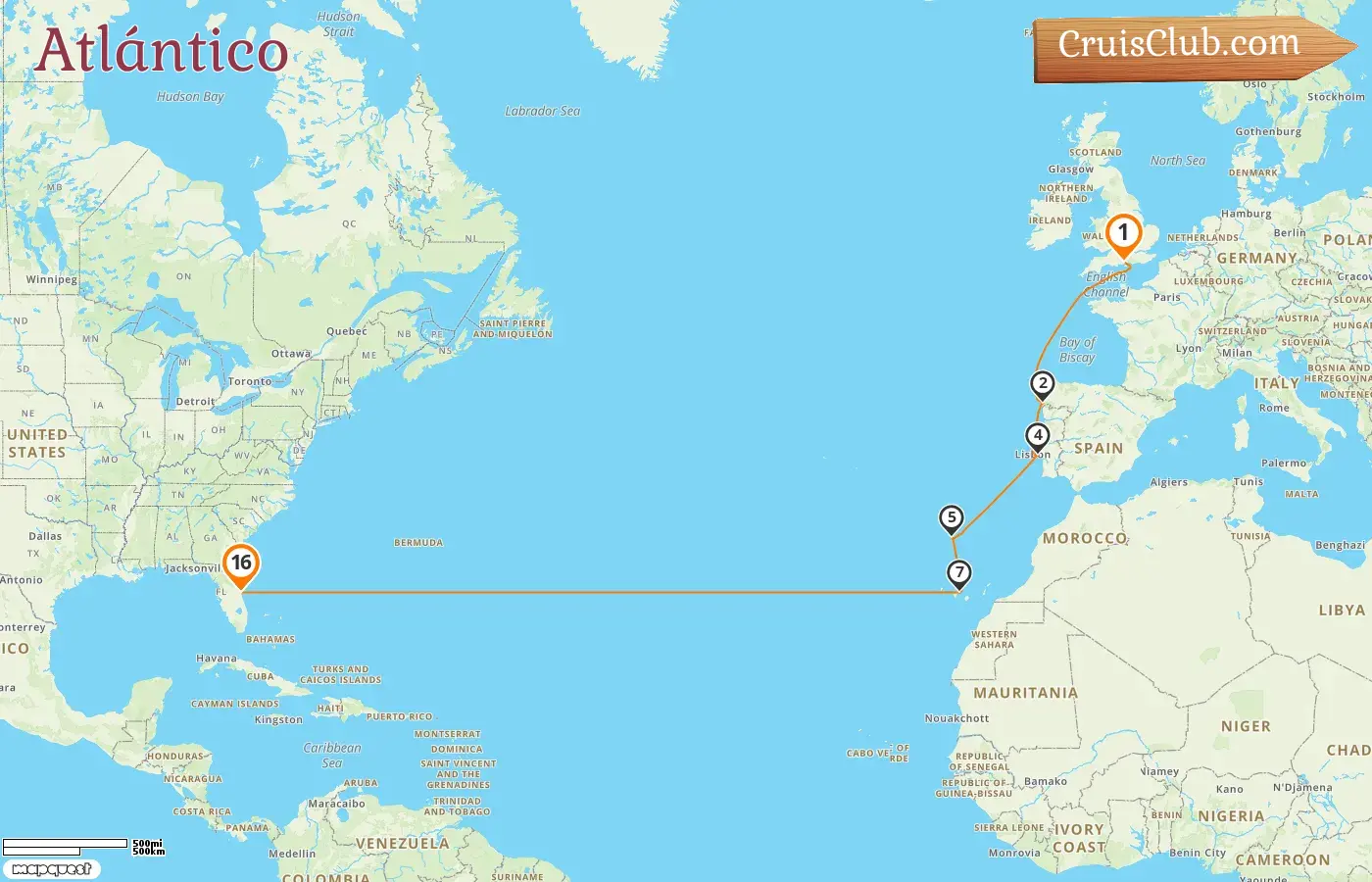 Crucero en el Transatlántico de Southampton a Port Canaveral / Orlando a bordo del barco Sky Princess con visitas a España y EE. UU. por 16 días