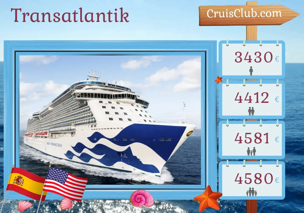 Kreuzfahrt über den Atlantik von Southampton nach Port Canaveral / Orlando an Bord des Schiffes Sky Princess mit Besuchen in Spanien und den USA für 16 Tage