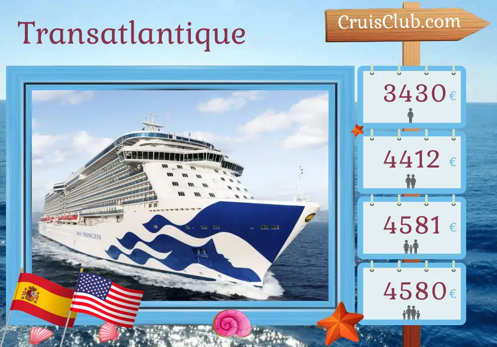 Croisière transatlantique de Southampton à Port Canaveral / Orlando à bord du navire Sky Princess avec des escales en Espagne et aux États-Unis pendant 16 jours