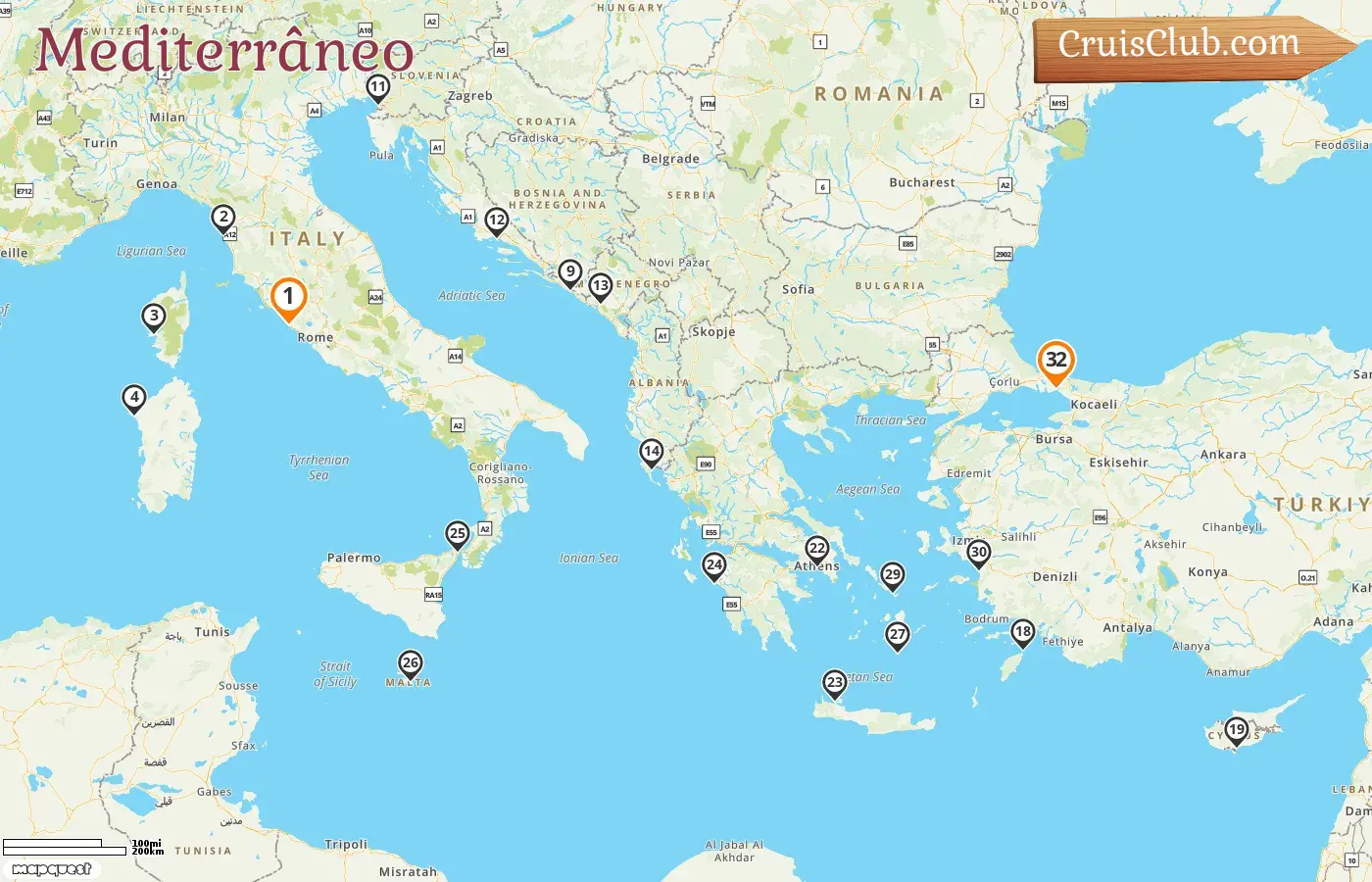 Cruzeiro no Mediterrâneo de Civitavecchia a Istambul a bordo do navio Enchanted Princess com visitas à Itália, França, Malta, Montenegro, Croácia, Grécia, Chipre e Turquia por 32 dias