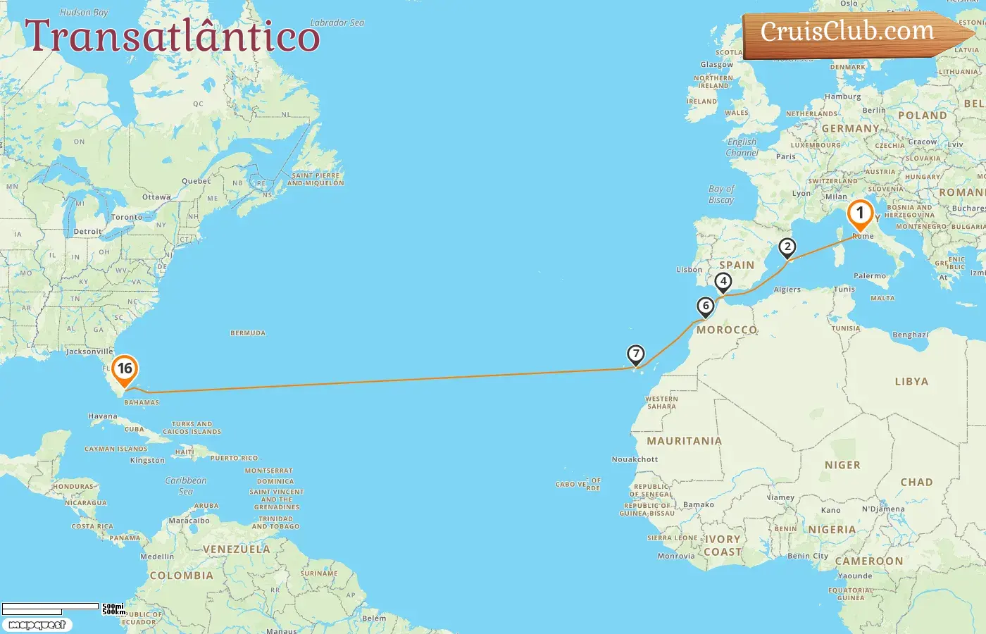 Cruzeiro no Transatlântico de Civitavecchia para Fort Lauderdale a bordo do navio Enchanted Princess com visitas à Itália, Espanha, Gibraltar, Marrocos e EUA por 16 dias
