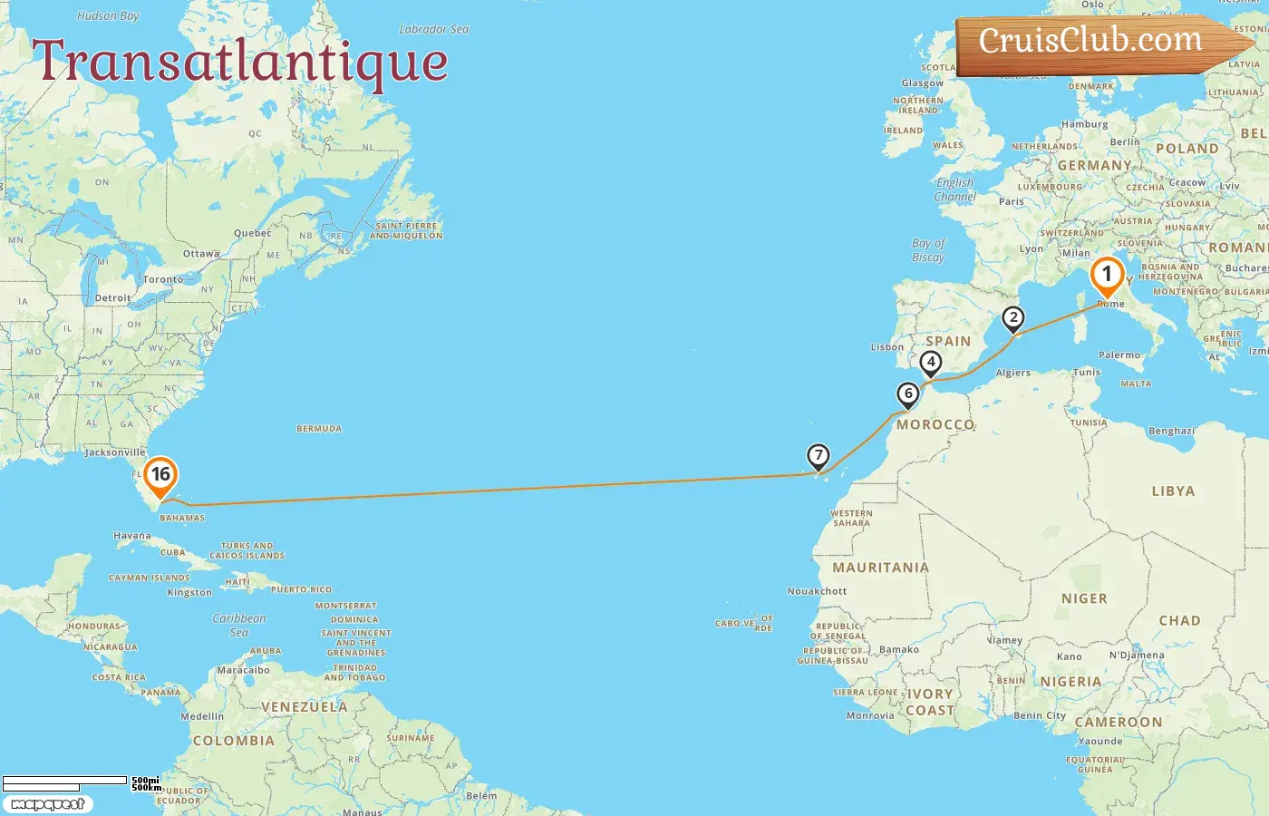 Croisière transatlantique de Civitavecchia à Fort Lauderdale à bord du navire Enchanted Princess avec des escales en Italie, en Espagne, à Gibraltar, au Maroc et aux États-Unis pendant 16 jours