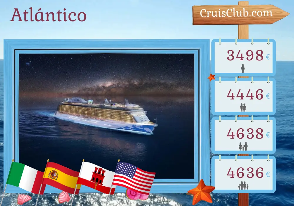 Crucero en el Transatlántico de Civitavecchia a Fort Lauderdale a bordo del barco Enchanted Princess con visitas a Italia, España, Gibraltar, Marruecos y Estados Unidos por 16 días