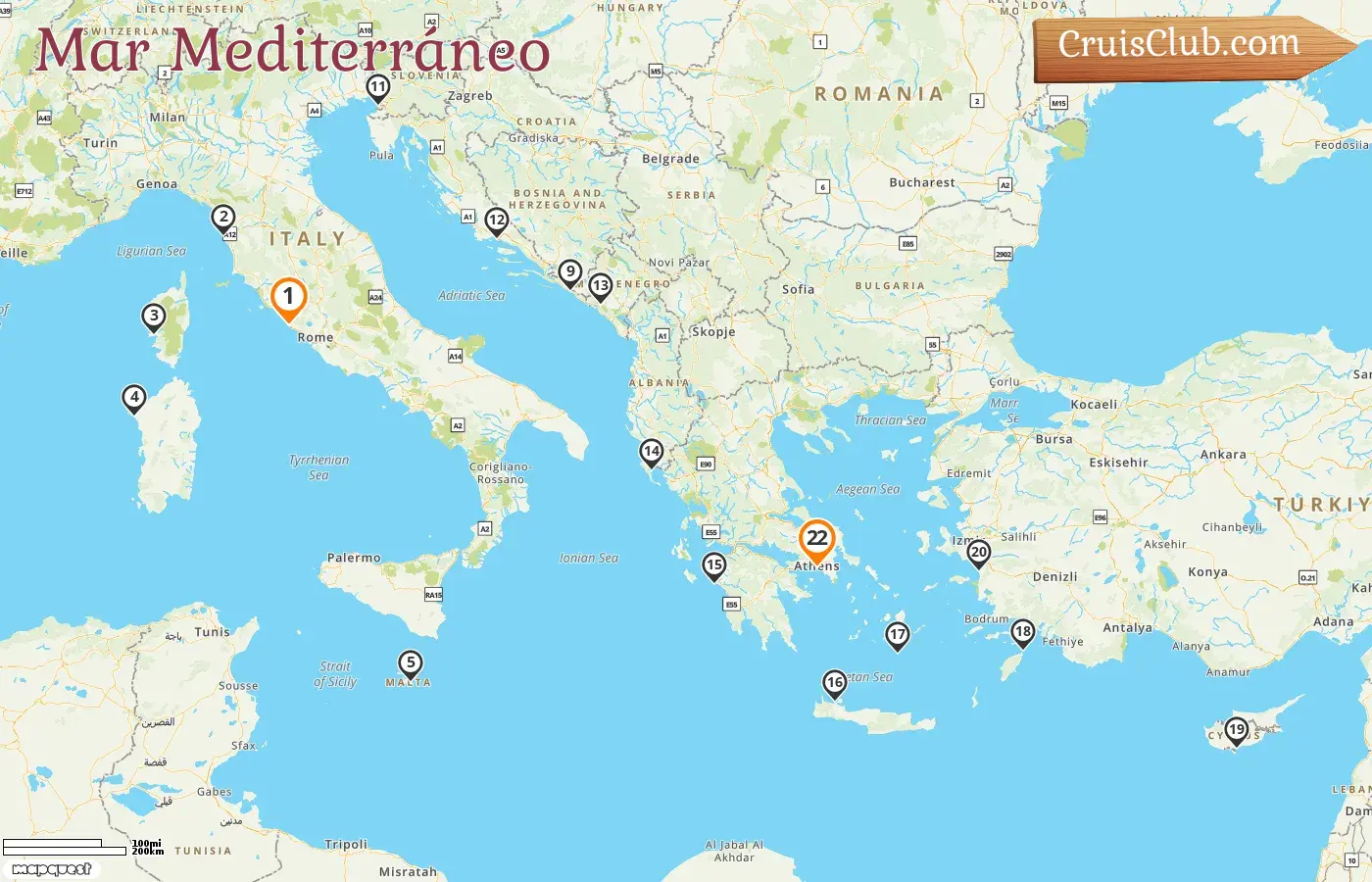 Crucero por el Mediterráneo de Civitavecchia a El Pireo a bordo del barco Enchanted Princess con visitas a Italia, Francia, Malta, Montenegro, Croacia, Grecia, Chipre y Turquía durante 22 días