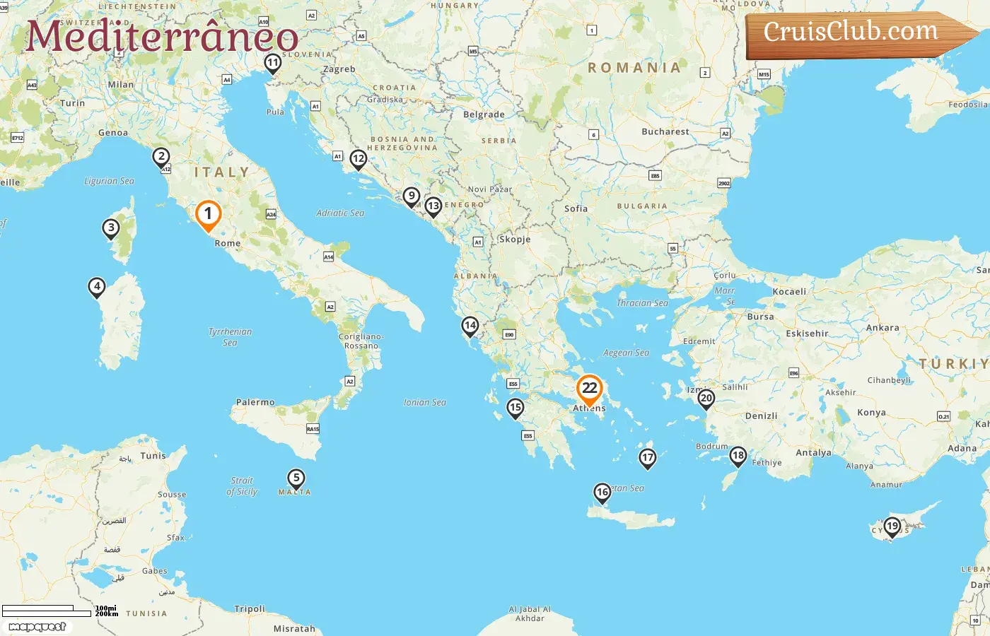 Cruzeiro no Mediterrâneo de Civitavecchia para Pireu a bordo do navio Enchanted Princess com visitas à Itália, França, Malta, Montenegro, Croácia, Grécia, Chipre e Turquia por 22 dias