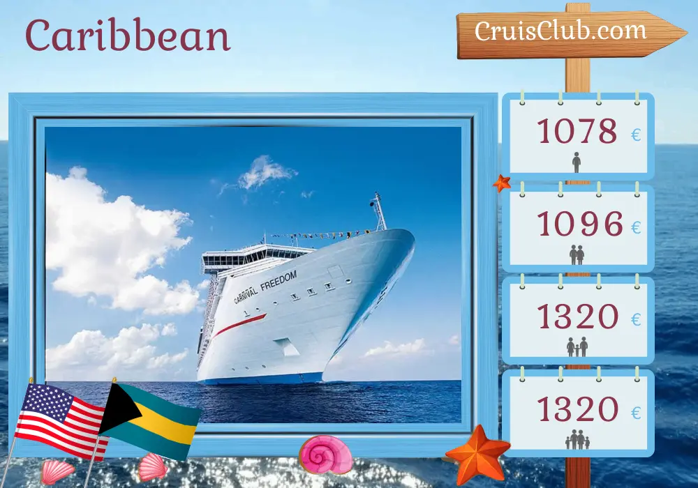 Cruise in the Caribbean from Port Canaveral / Orlando aboard Carnival Freedom ship with visits to USA and Bahamas for 6 days