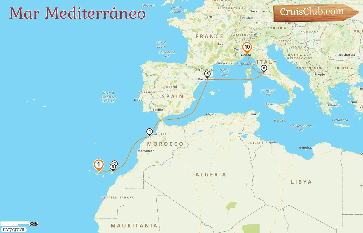 Crucero en el Mediterráneo desde Santa Cruz de Tenerife a Génova a bordo del barco MSC Musica con visitas a España, Marruecos e Italia durante 10 días