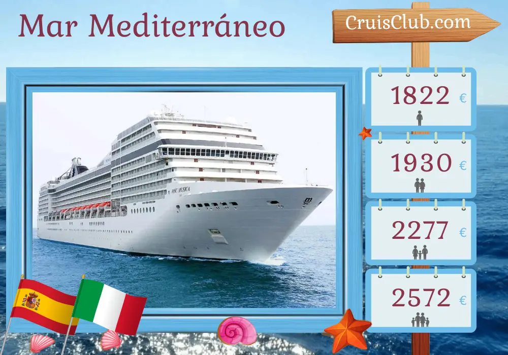 Crucero en el Mediterráneo desde Santa Cruz de Tenerife a Génova a bordo del barco MSC Musica con visitas a España, Marruecos e Italia durante 10 días