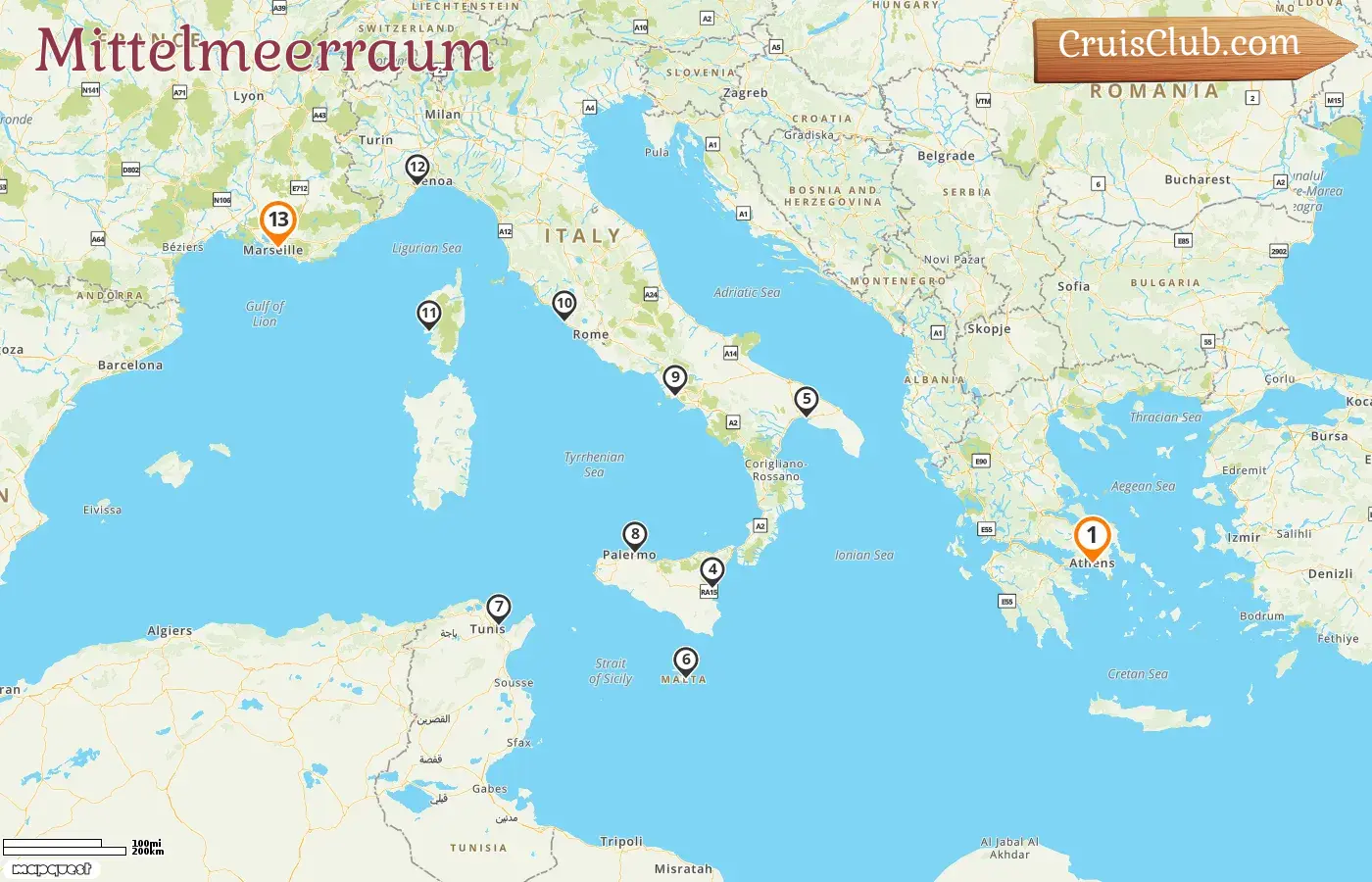 Kreuzfahrt im Mittelmeer von Piräus nach Marseille an Bord des Schiffes Costa Fascinosa mit Stopps in Griechenland, Malta, Italien, Tunesien und Frankreich für 13 Tage