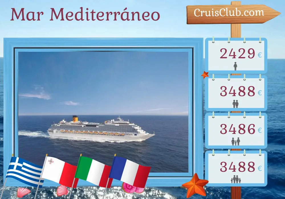 Crucero por el Mediterráneo desde El Pireo hasta Marsella a bordo del Costa Fascinosa con visitas a Grecia, Malta, Italia, Túnez y Francia durante 13 días