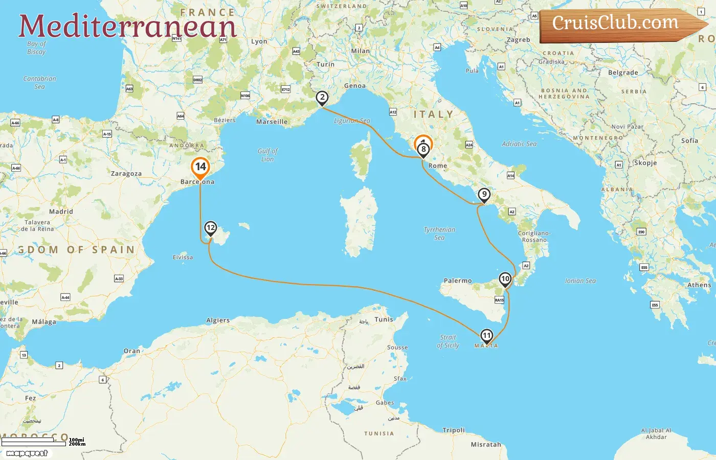 Cruise in the Mediterranean from Civitavecchia to Barcelona aboard EXPLORA I ship with visits to Italy, Monaco, Malta, and Spain for 14 days