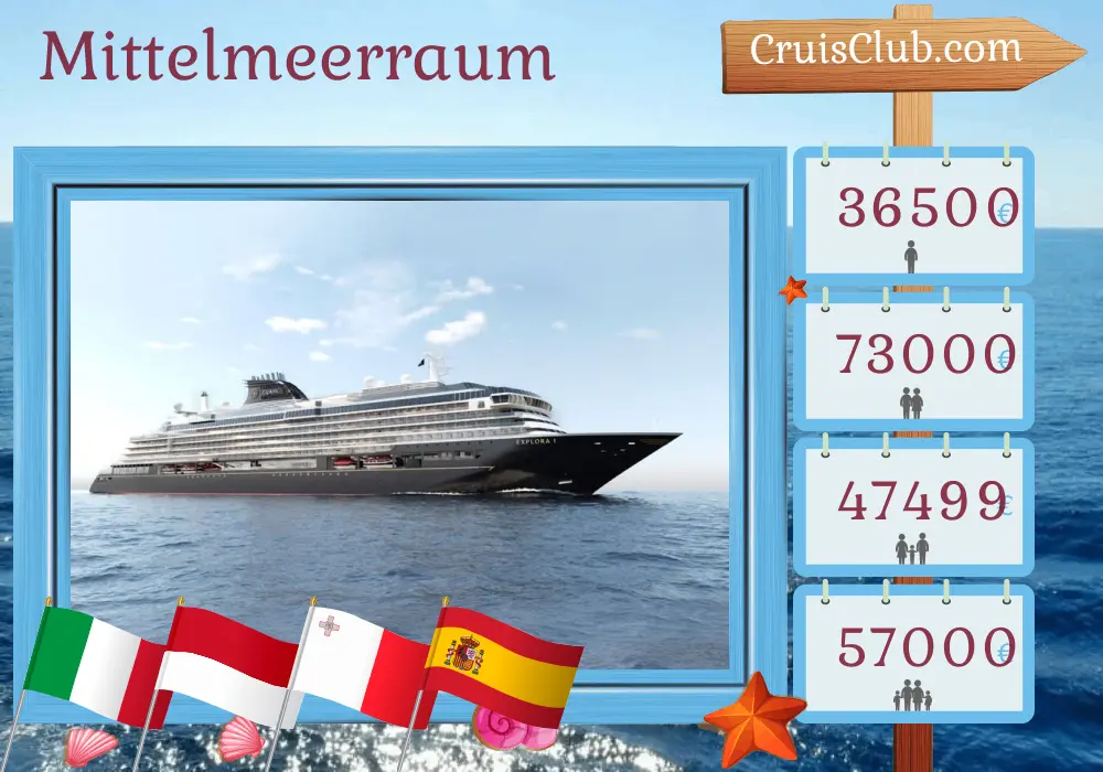 Kreuzfahrt im Mittelmeer von Civitavecchia nach Barcelona an Bord des Schiffes EXPLORA I mit Besuchen in Italien, Monaco, Malta und Spanien für 14 Tage