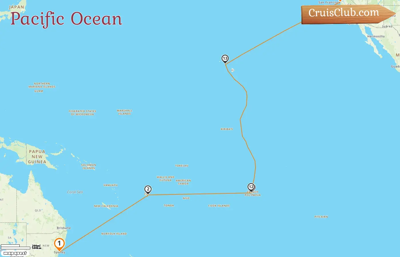 Cruise in the Pacific Ocean from Sydney to San Francisco aboard Carnival Luminosa ship with visits to Australia, Fiji, French Polynesia, and USA for 24 days
