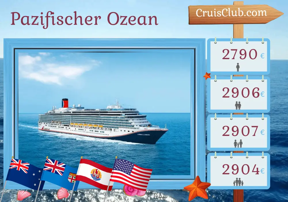 Kreuzfahrt im Pazifischen Ozean von Sydney nach San Francisco an Bord des Carnival Luminosa-Schiffs mit Stopps in Australien, Fidschi, Französisch-Polynesien und den USA für 24 Tage