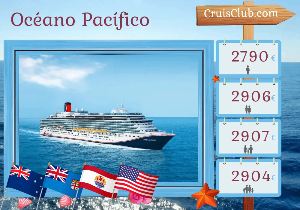 Crucero por el Océano Pacífico desde Sídney a San Francisco a bordo del barco Carnival Luminosa con visitas a Australia, Fiji, Polinesia Francesa y EE.UU durante 24 días