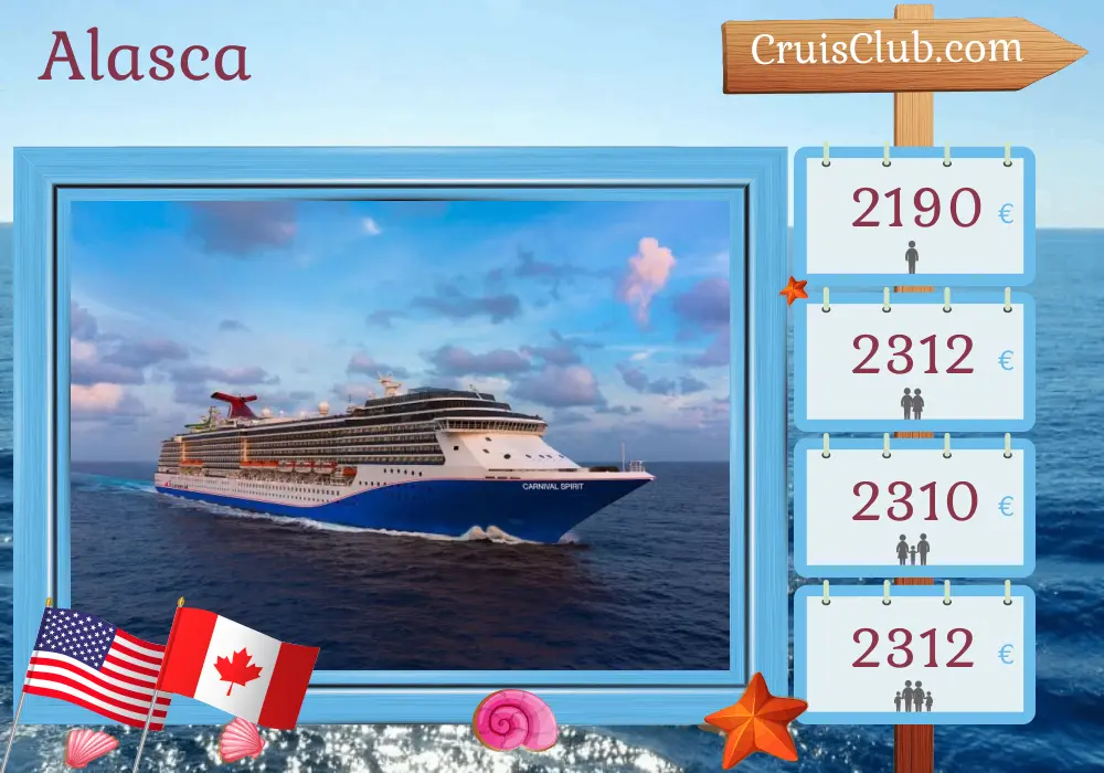 Cruzeiro no Alasca saindo de Seattle a bordo do navio Carnival Spirit com visitas aos Estados Unidos e Canadá por 10 dias