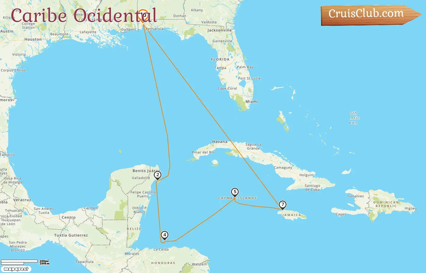 Cruzeiro no Caribe Ocidental saindo de Mobile a bordo do navio Carnival Spirit com visitas aos EUA, México, Honduras, Ilhas Cayman e Jamaica por 10 dias