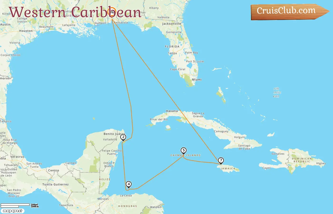 Cruise in the Western Caribbean from Mobile aboard Carnival Spirit ship with visits to USA, Mexico, Honduras, Cayman Islands, and Jamaica for 10 days